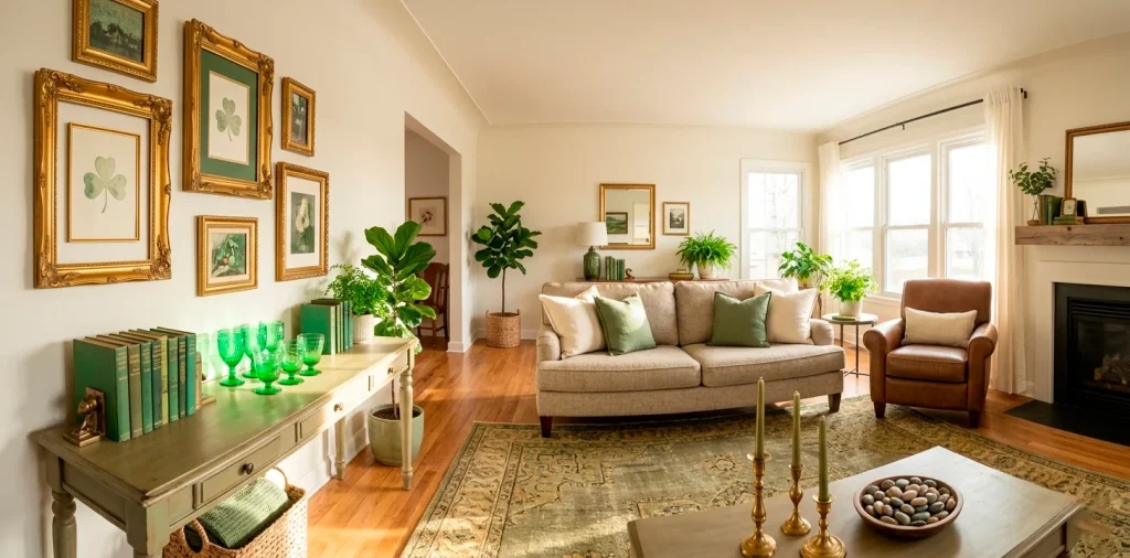Chic St. Patrick's Day living room decor featuring thrifted green glass, painted books, and gold frames