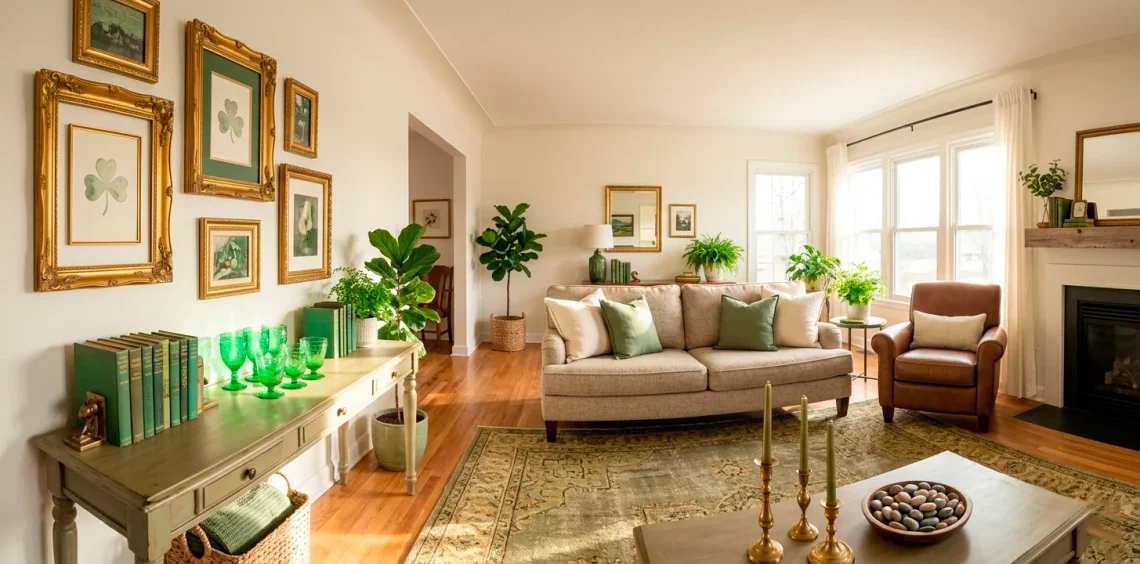 Chic St. Patrick's Day living room decor featuring thrifted green glass, painted books, and gold frames