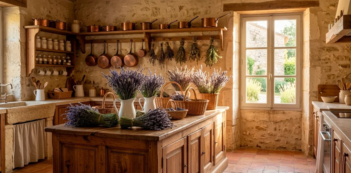 Wide shot of a rustic French country kitchen decorated with various lavender floral arrangements.