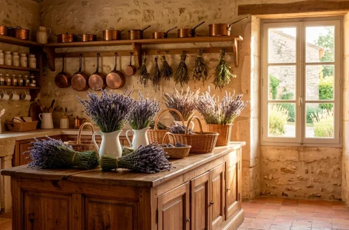 Wide shot of a rustic French country kitchen decorated with various lavender floral arrangements.