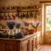 Wide shot of a rustic French country kitchen decorated with various lavender floral arrangements.