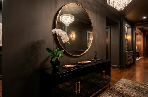 Glossy black lacquer cabinet in a moody entryway with brass accents and a round mirror.