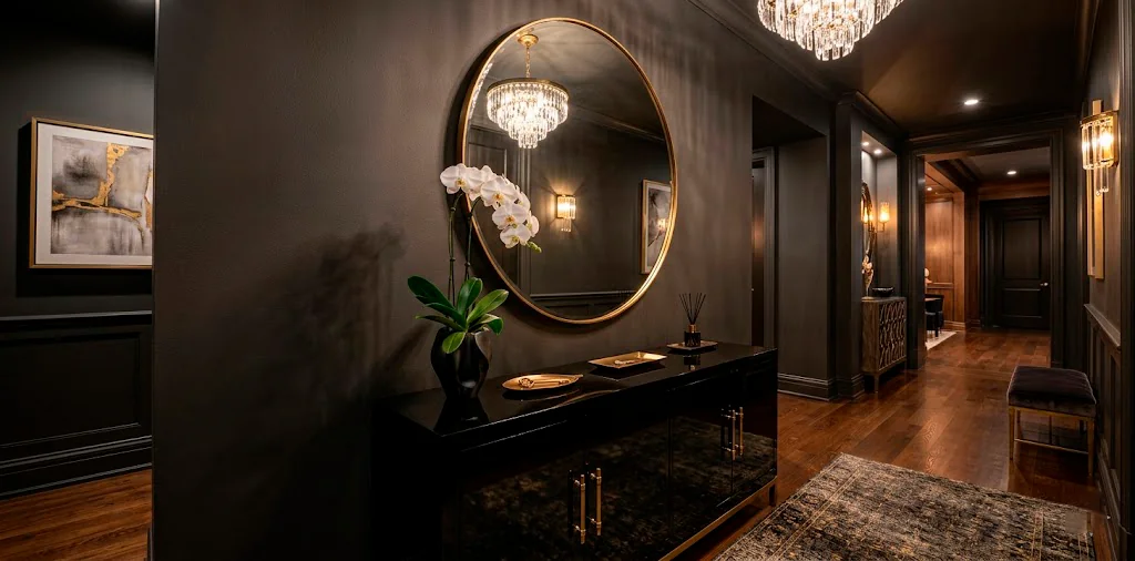Glossy black lacquer cabinet in a moody entryway with brass accents and a round mirror.