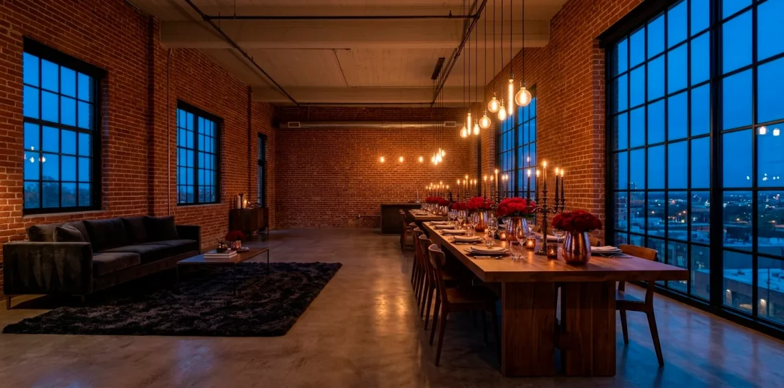 Romantic industrial loft interior with exposed brick and Valentine decor elements in a 2:1 wide banner view.