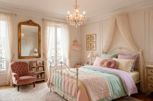 Elegant Parisian chic little girl's bedroom featuring a wrought iron bed and a gilded mirror.