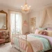 Elegant Parisian chic little girl's bedroom featuring a wrought iron bed and a gilded mirror.