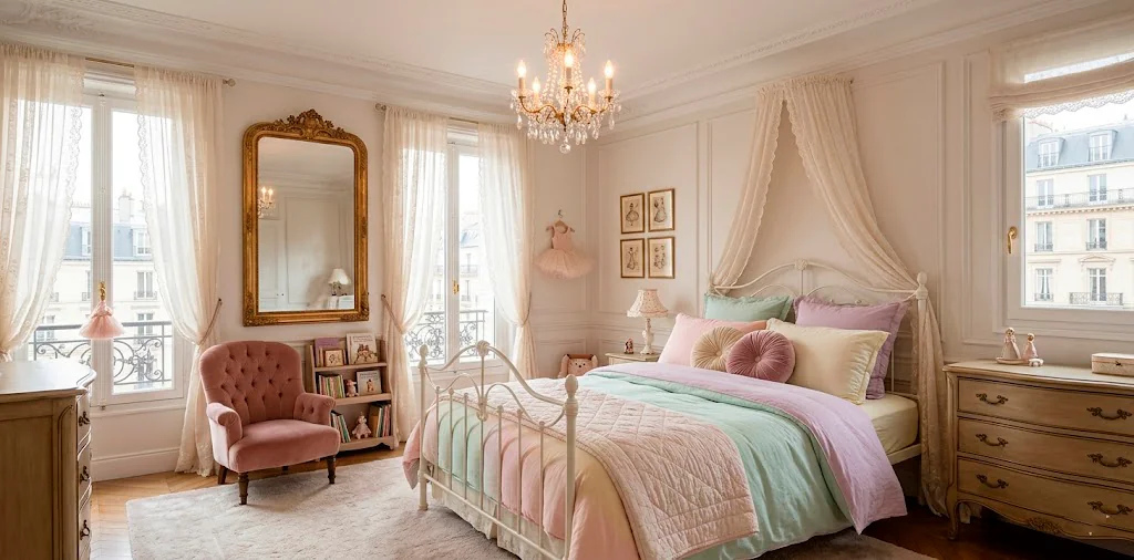 Elegant Parisian chic little girl's bedroom featuring a wrought iron bed and a gilded mirror.