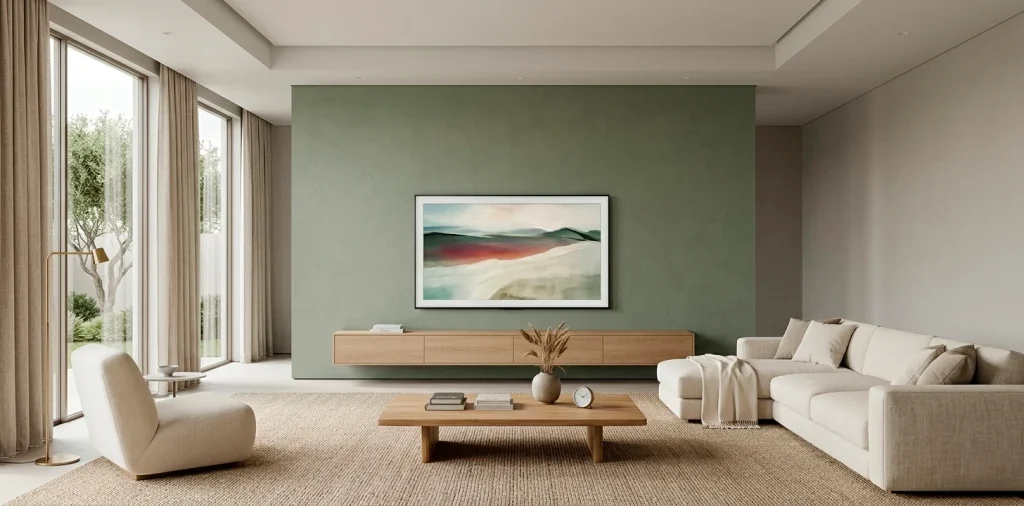A modern living room featuring a sophisticated sage green TV wall and minimalist furniture.