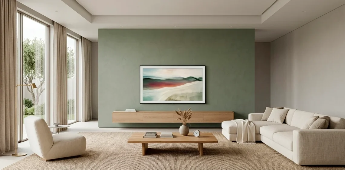 A modern living room featuring a sophisticated sage green TV wall and minimalist furniture.