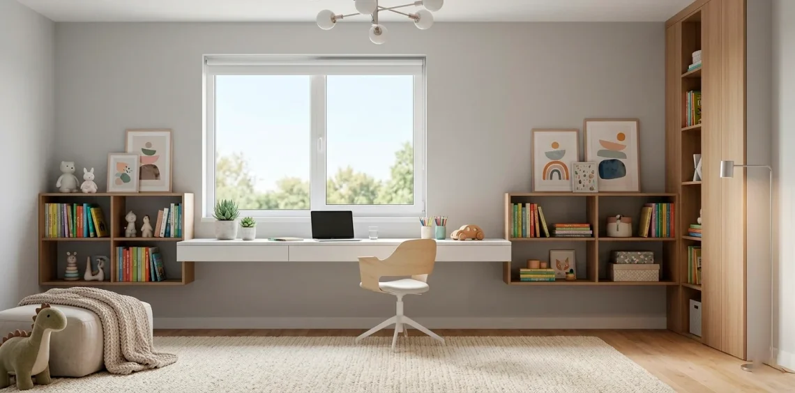 Modern airy kids bedroom featuring a space-saving white floating desk under a window with soft natural light.