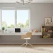 Modern airy kids bedroom featuring a space-saving white floating desk under a window with soft natural light.