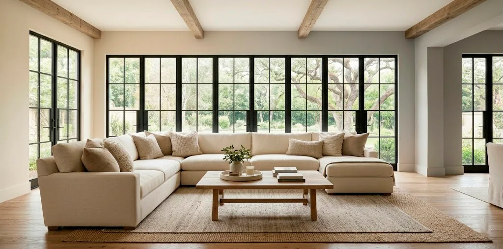 Cozy modern farmhouse living room with layered cream and beige textures and natural wood accents.