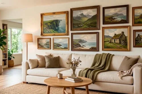 Cozy scandinavian living room gallery wall featuring various framed vintage Irish landscape oil paintings above a linen sofa.