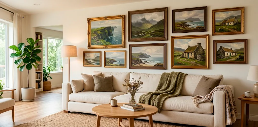Cozy scandinavian living room gallery wall featuring various framed vintage Irish landscape oil paintings above a linen sofa.