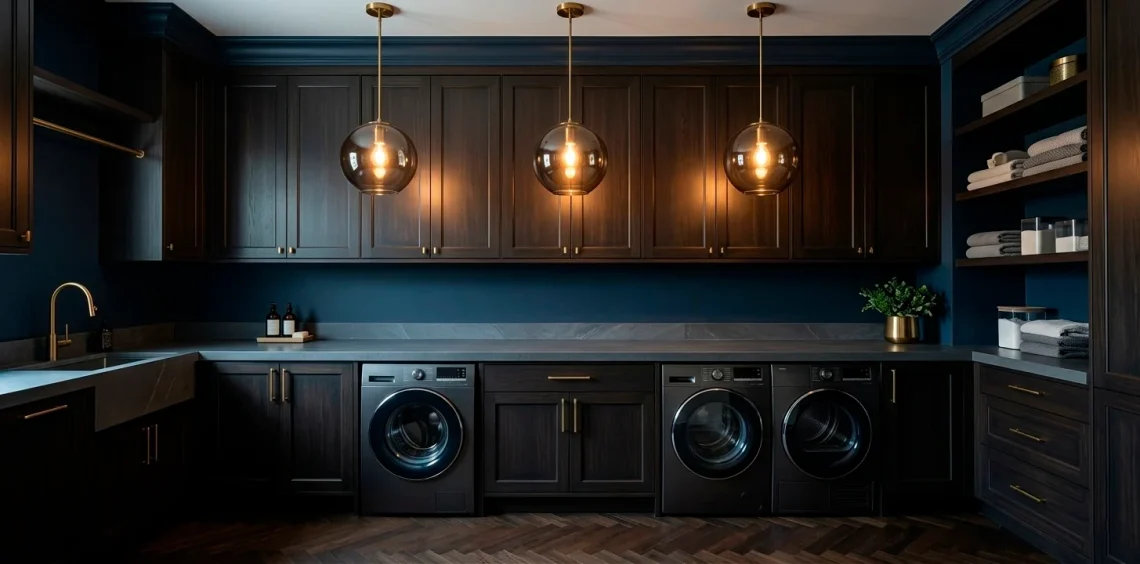 Moody dark laundry room featuring three glowing brass and smoked glass pendant lights over a slate counter.