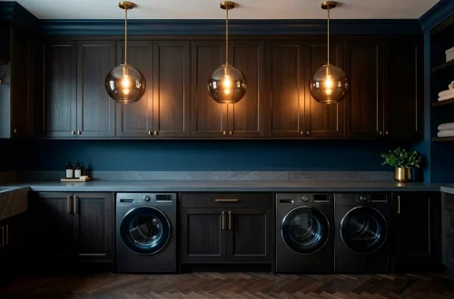 Moody dark laundry room featuring three glowing brass and smoked glass pendant lights over a slate counter.
