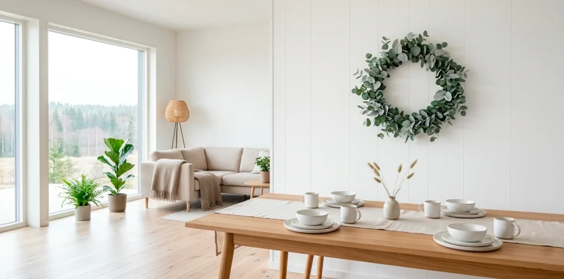 A minimalist eucalyptus wreath hangs in a bright, modern Scandinavian living room during Easter.