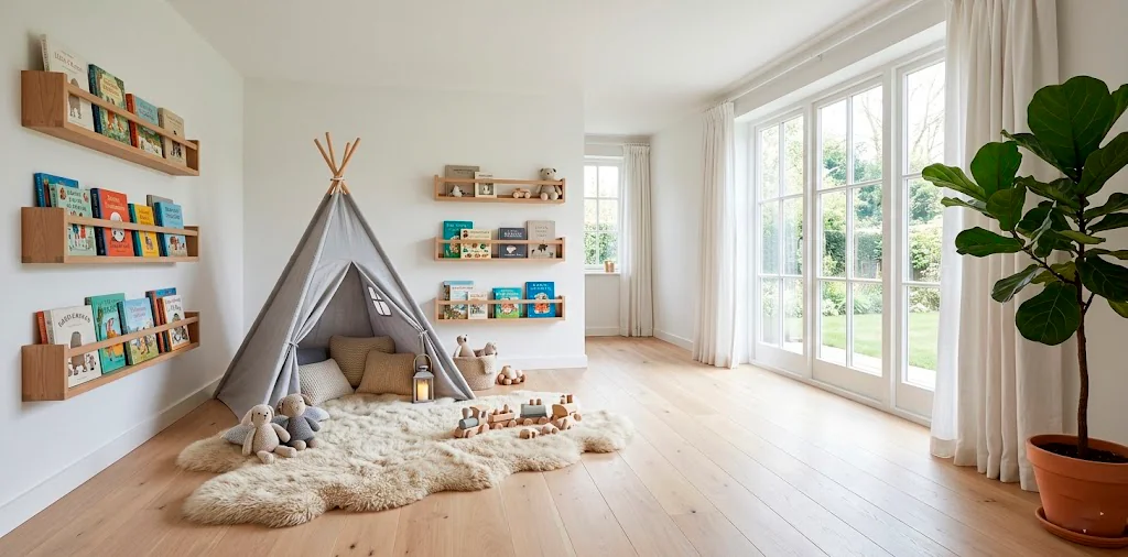 Modern Scandinavian kids room with a grey teepee reading nook and neutral decor.