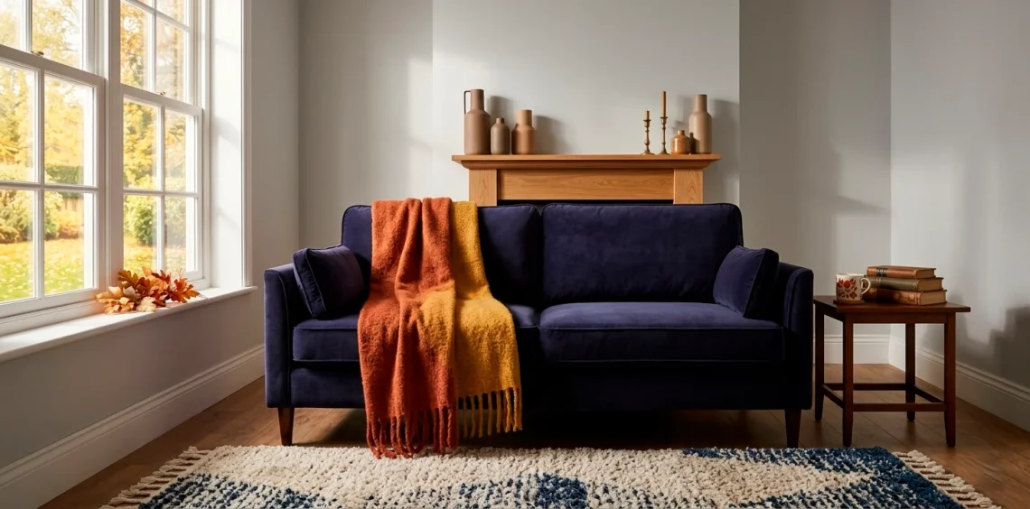 Cozy living room interior featuring deep indigo velvet furniture and elegant dramatic fall room decor accents.