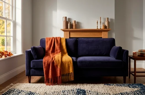 Cozy living room interior featuring deep indigo velvet furniture and elegant dramatic fall room decor accents.