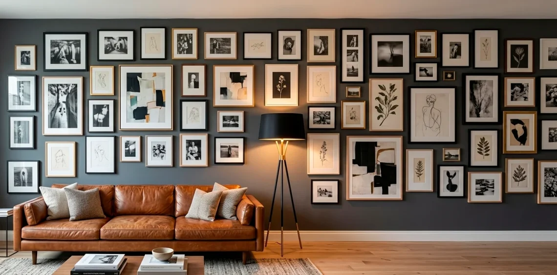 Wide horizontal view of a sophisticated living room with a long modular gallery wall and leather sofa.