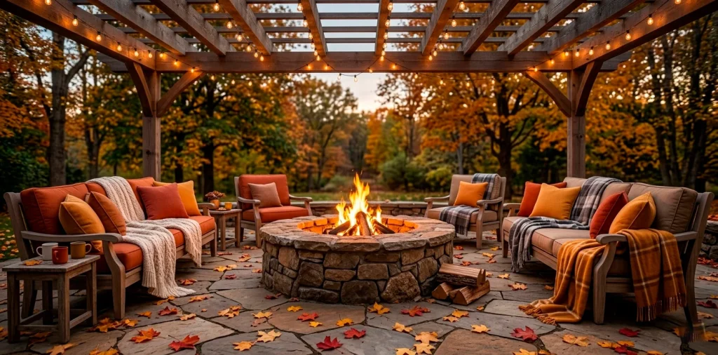 Cozy rustic autumn patio with a stone fire pit, warm string lights, and terracotta cushions on wooden furniture.