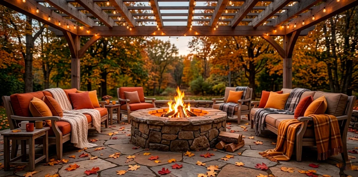 Cozy rustic autumn patio with a stone fire pit, warm string lights, and terracotta cushions on wooden furniture.