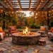 Cozy rustic autumn patio with a stone fire pit, warm string lights, and terracotta cushions on wooden furniture.
