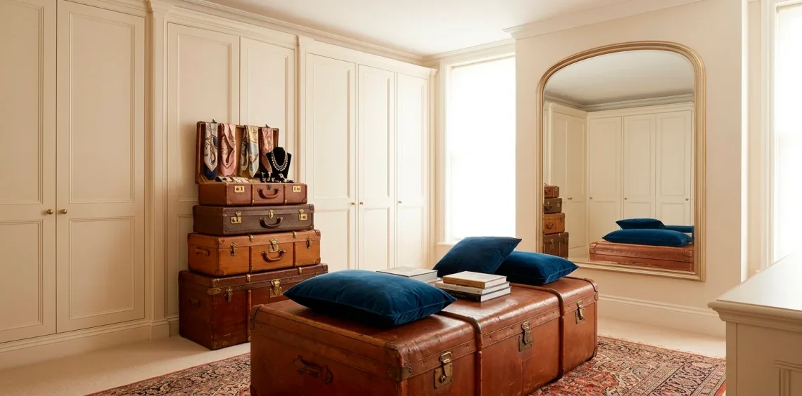 Wide shot of a luxury dressing room featuring repurposed vintage trunks used as furniture and storage.