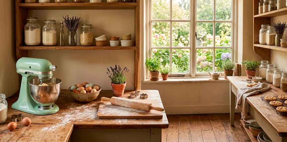 Wide landscape view of a functional cottagecore kitchen nook with vintage baking tools and warm sunlight.
