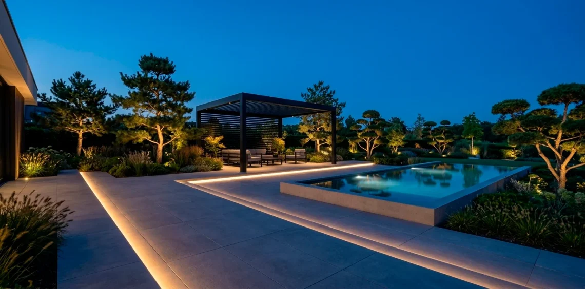 Wide landscape of a modern garden with architectural lighting at night featuring warm LEDs.