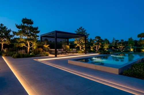 Wide landscape of a modern garden with architectural lighting at night featuring warm LEDs.