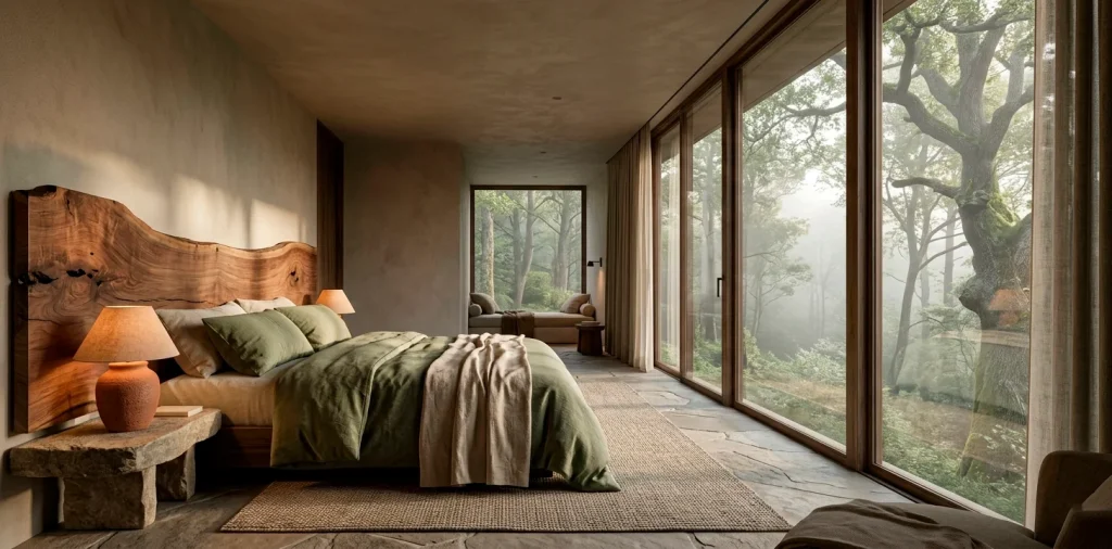 Earthy modern bedroom featuring a raw wood headboard, terracotta clay lamp, and natural stone nightstand in soft light.