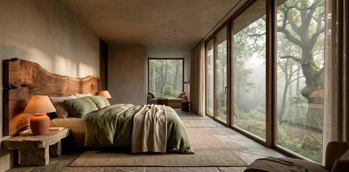Earthy modern bedroom featuring a raw wood headboard, terracotta clay lamp, and natural stone nightstand in soft light.