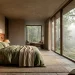Earthy modern bedroom featuring a raw wood headboard, terracotta clay lamp, and natural stone nightstand in soft light.