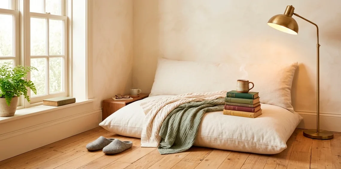 A cozy reading nook featuring a large cream linen floor pillow, layered blankets, and a brass lamp.