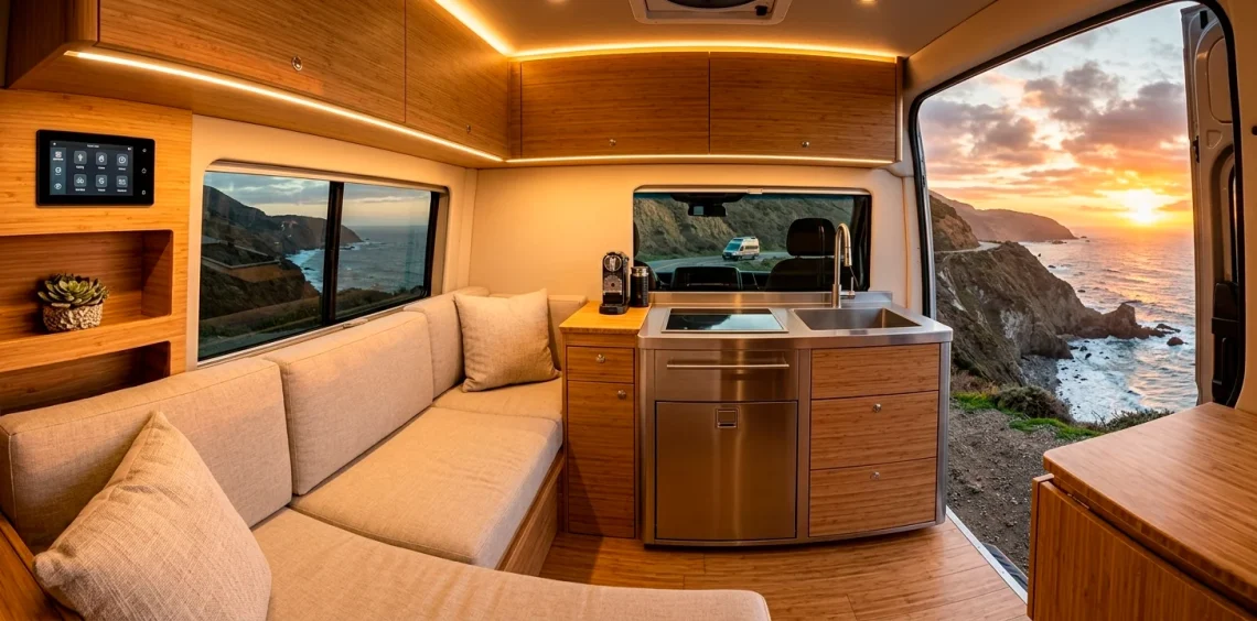 A modern, high-tech camper van interior featuring smart LED lighting, digital control panels, and sleek bamboo cabinetry at sunset.