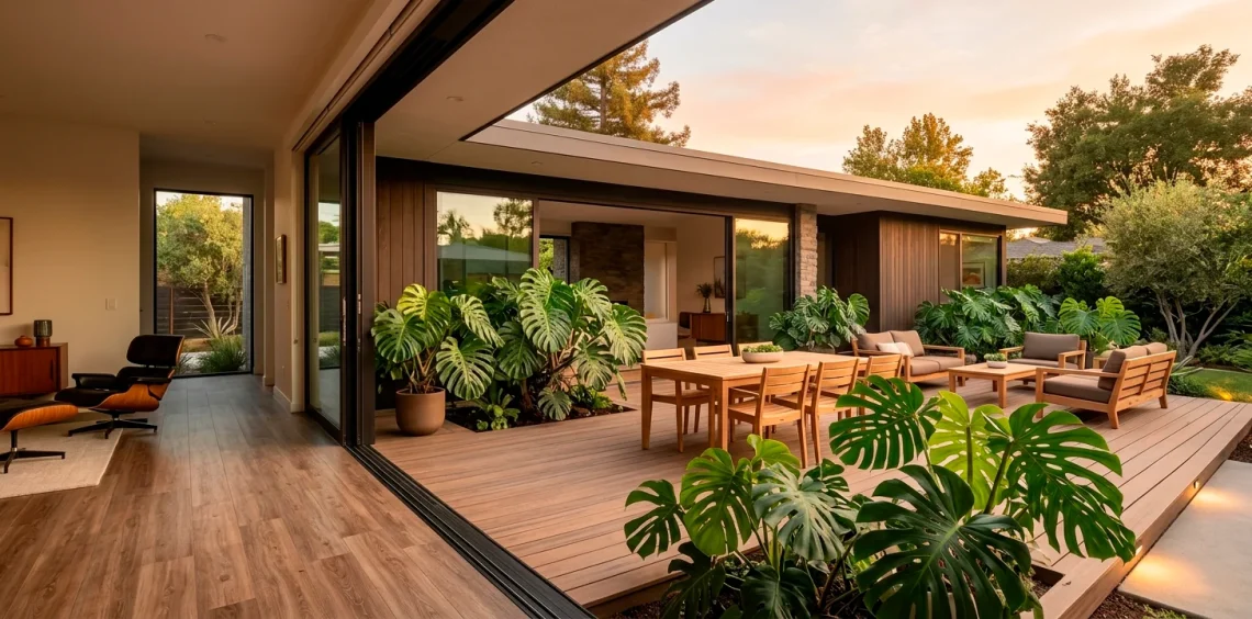 Seamless mid century modern patio with open sliding glass doors and teak furniture connecting to interior living room