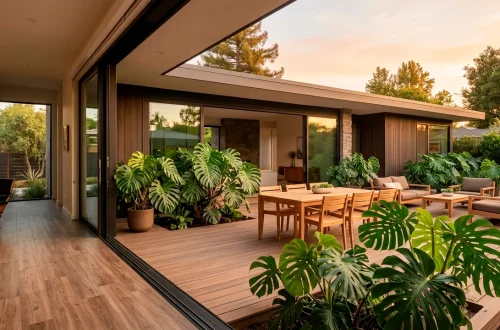 Seamless mid century modern patio with open sliding glass doors and teak furniture connecting to interior living room