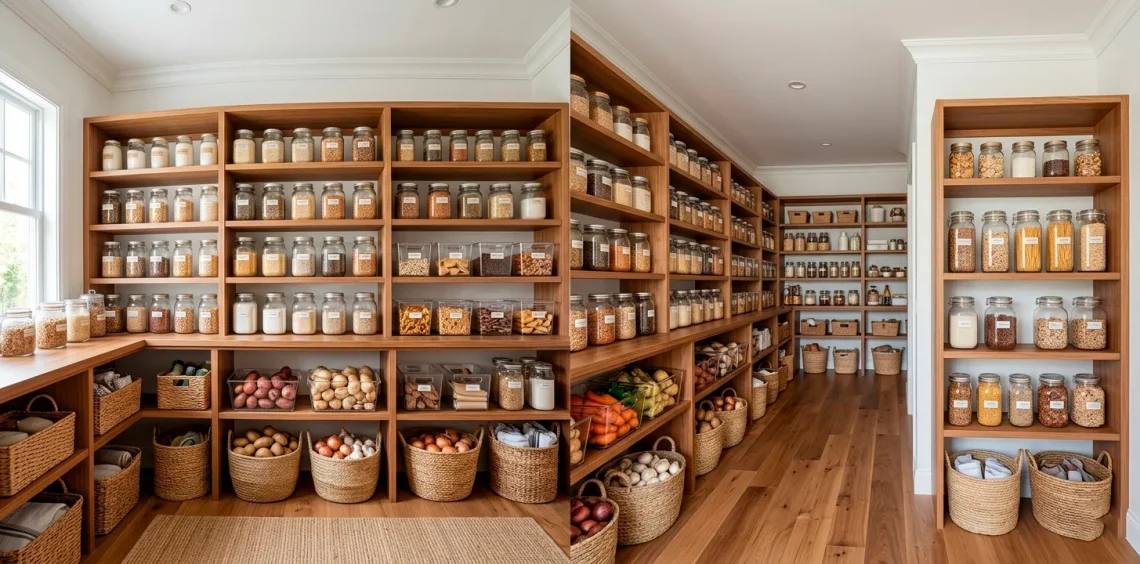 A perfectly organized walk-in kitchen pantry featuring clear bins, wooden shelves, and floor baskets.