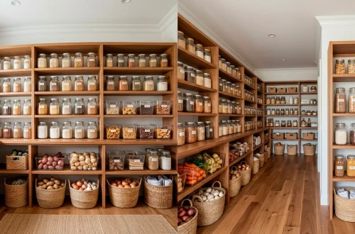 A perfectly organized walk-in kitchen pantry featuring clear bins, wooden shelves, and floor baskets.