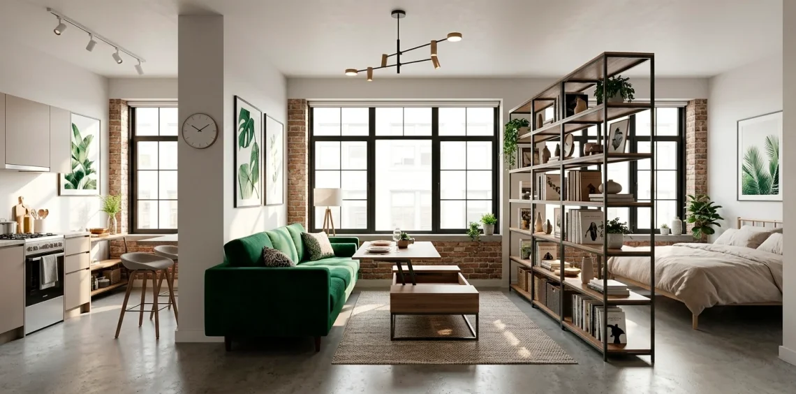 Beautifully styled open-plan mini studio apartment showcasing clever micro-living zones and multi-functional furniture.