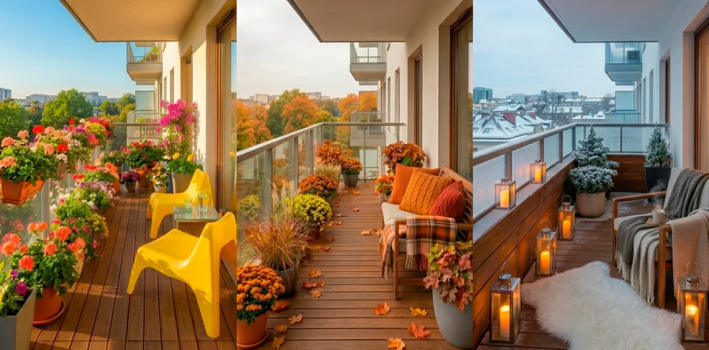 Wide panorama of a decorated apartment balcony showing seasonal transitions from summer to winter.