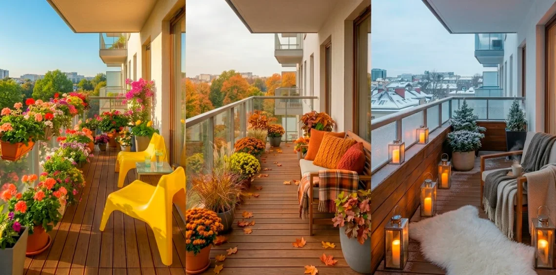 Wide panorama of a decorated apartment balcony showing seasonal transitions from summer to winter.