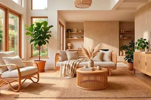 Modern living room featuring stylish natural rattan furniture and warm neutral tones
