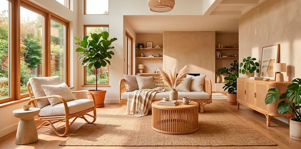 Modern living room featuring stylish natural rattan furniture and warm neutral tones