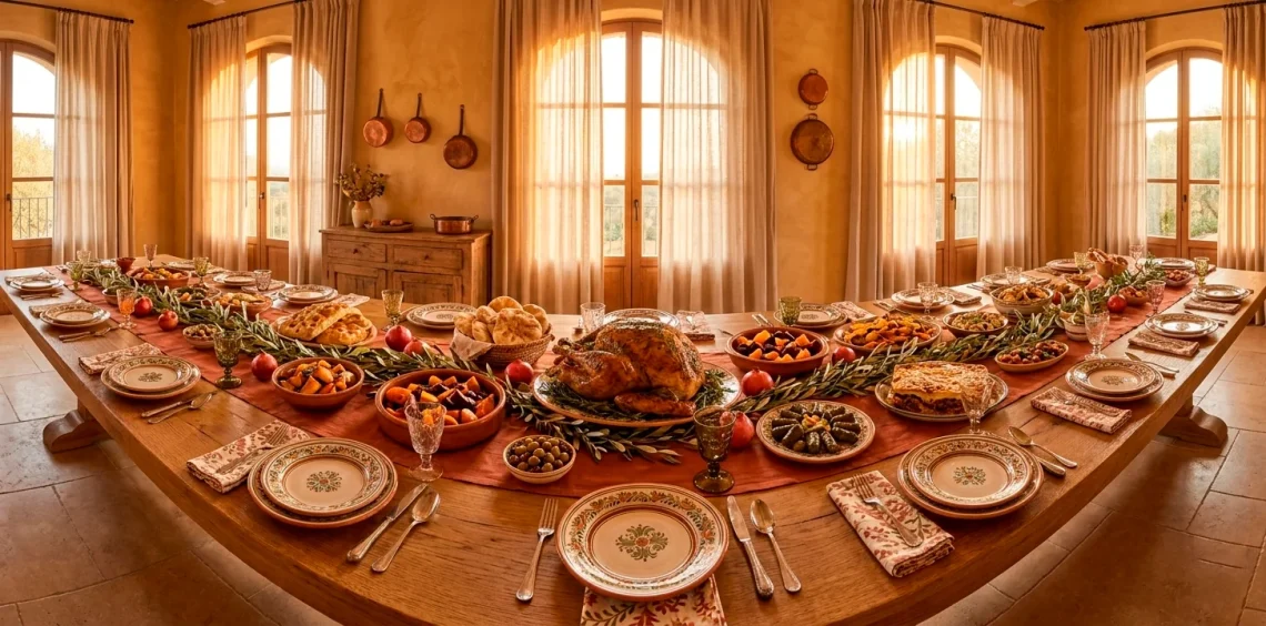 Mediterranean Thanksgiving table setting with warm terracotta accents and olive branch decor.