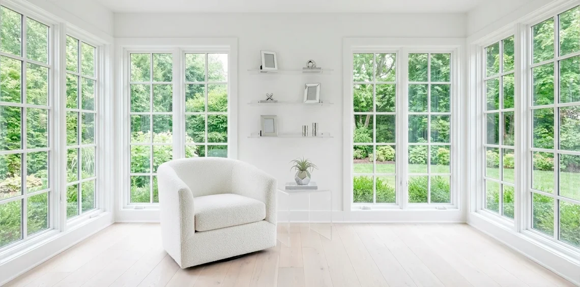 A small bright white sunroom with large windows and minimalist decor flooded with natural light.