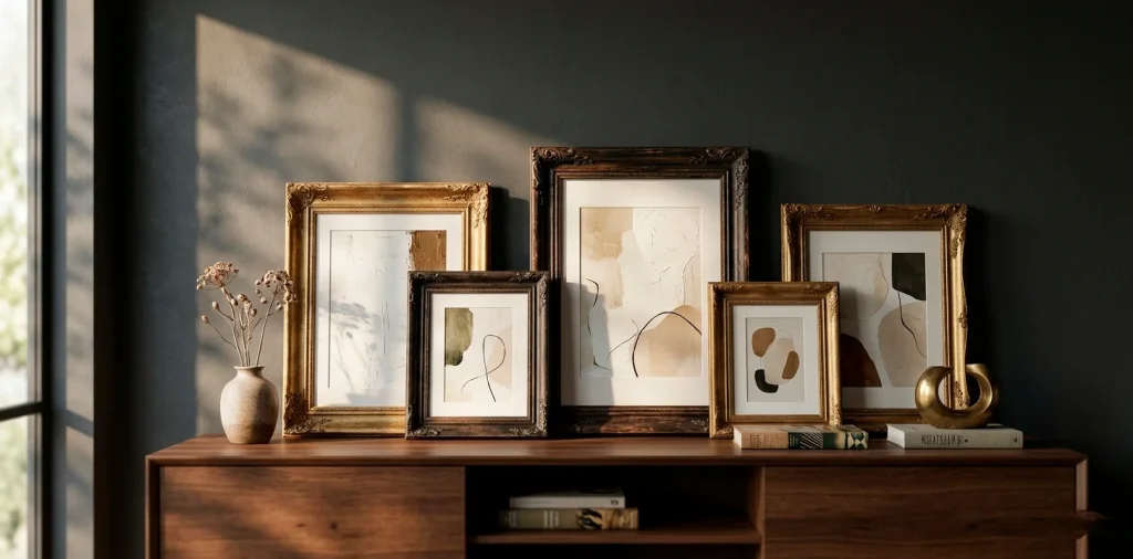Beautifully restored vintage gold picture frames leaning against a dark wall on a wooden console table.