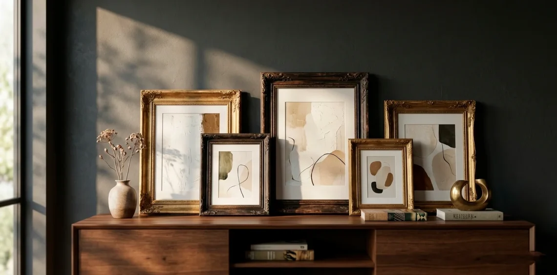Beautifully restored vintage gold picture frames leaning against a dark wall on a wooden console table.